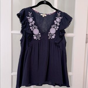 Umgee Dark Blue Sleeveless Top with Lavender Embroidery